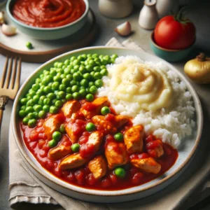 Iscas de Frango com Purê de Batata Doce e Arroz com Ervilhas