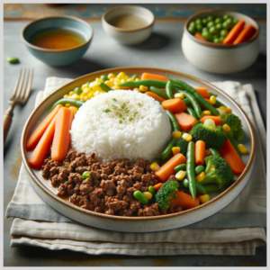 Carne Moída com Arroz Branco e Mix de Legumes