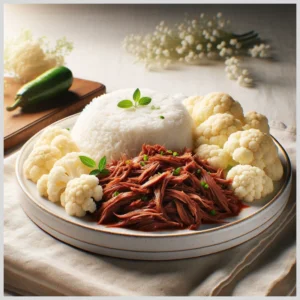 Carne Desfiada com Arroz Branco e Couve-Flor