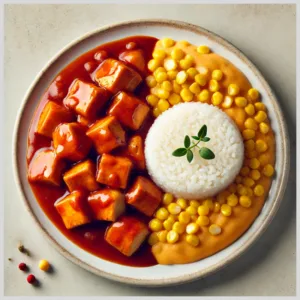 Iscas de Frango com Creme de Milho e Arroz Branco