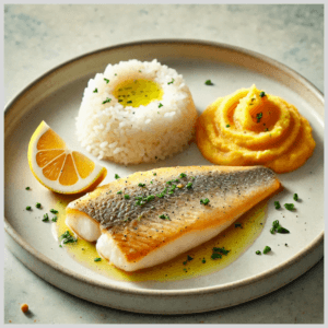 Filé de Tilápia com Purê de Mandioquinha e Arroz Branco