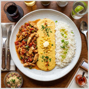 Iscas de Frango com Creme de Milho e Arroz Branco