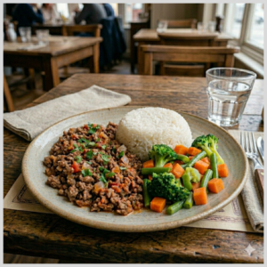 Carne Moída com Arroz Branco e Mix de Legumes
