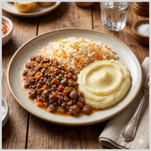 Carne Moída, Arroz com Cenoura e Purê de Batata