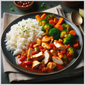 Iscas de Frango com Mix de Legumes e Arroz Branco