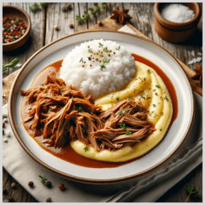 Carne Desfiada com Purê de Batata Doce e Arroz Branco