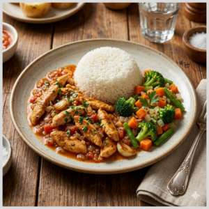 Iscas de Frango com Mix de Legumes e Arroz Branco