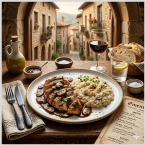 Filé de Frango ao Molho Madeira com Arroz à Piamontese