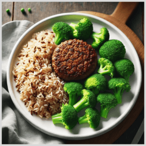Hambúrguer de Lentilha, Arroz Integral e Brócolis