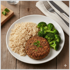 Hambúrguer de Lentilha, Arroz Integral e Brócolis