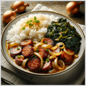 Calabresa Acebolada com Arroz Branco e Couve