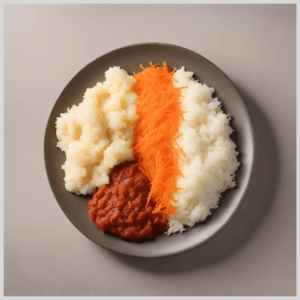 Calabresa Moída, Purê de Batata com Cenoura e Arroz Branco