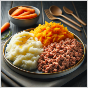 Calabresa Moída e Purê de Batata com Cenoura