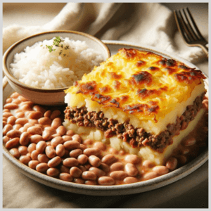 Gratinado de Batata e Carne Moída com Arroz Branco e Feijão Carioca