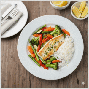 Filé de Linguado com Mix de Legumes e Arroz Branco