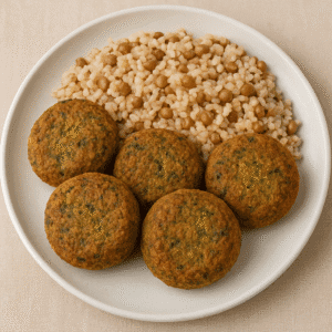 Falafel com Arroz Integral e Lentilhas