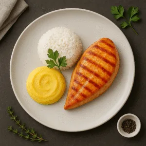 Frango Grelhado + Arroz Branco + Purê de Mandioquinha