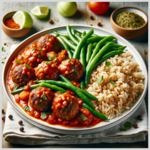 Almôndega Veggie ao Sugo com Arroz Integral e Vagem