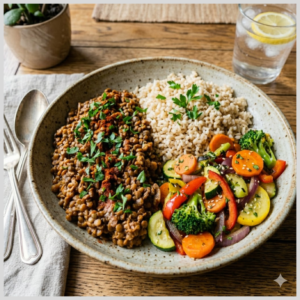 Moída Veggie com Arroz Integral e Mix de Legumes