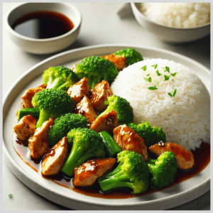 Frango com Brócolis ao Molho Shoyo e Arroz Branco