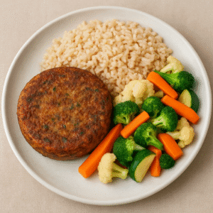 Hambúrguer de Berinjela, Arroz Integral e Mix de Legumes