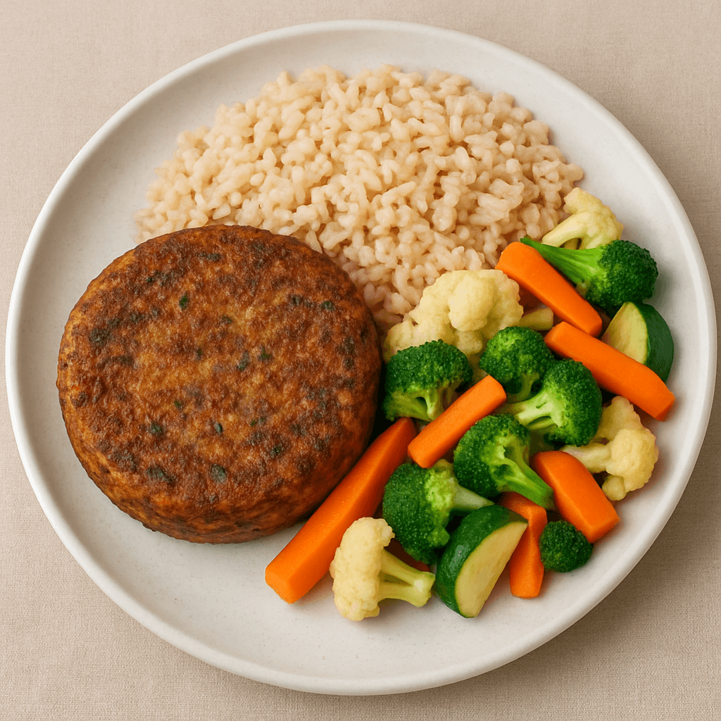 Hambúrguer de Berinjela, Arroz Integral e Mix de Legumes