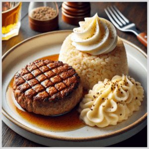 Hambúrguer de Cogumelos, Arroz Integral e Purê de Mandioquinha