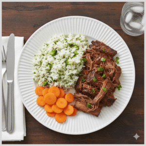 Costela Desfiada, Arroz com Brócolis e Cenoura