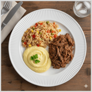 Carne Desfiada, Arroz Integral à Grega e Purê de Mandioquinha