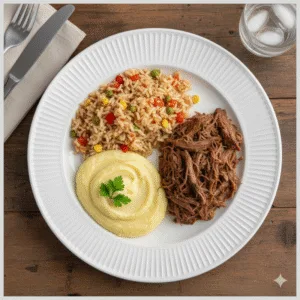 Carne Desfiada, Arroz Integral à Grega e Purê de Mandioquinha