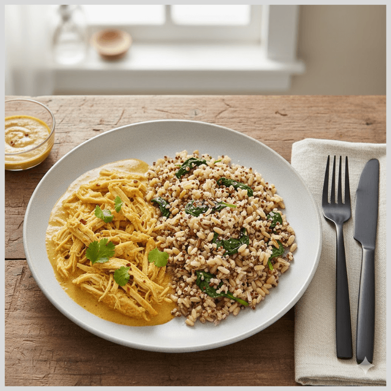 Frango ao Curry e Arroz 7 grãos com Espinafre