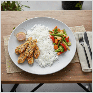 Frango em Tiras com Gergelim, Arroz Branco e Mix de Legumes