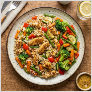 Frango na Mostarda e Mel, Arroz e Legumes