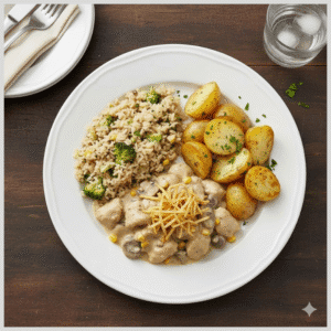 Fricasse de Frango, Arroz Integral com Brócolis e Batata Sautee