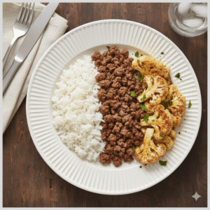 Carne Moída, Arroz Branco e Couve-Flor Assada com Páprica