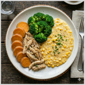 Frango Desfiado com Batata Doce, Creme de Milho e Brócolis