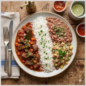 Picadinho com Arroz Branco, Feijão Carioca e Farofa