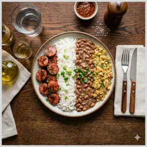 Linguiça com Arroz Branco, Feijão Carioca e Farofa