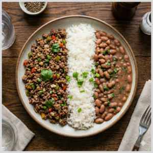 Carne Moída com Arroz Branco e Feijão Carioca