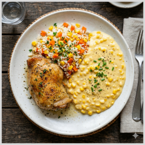 Sobrecoxa de Frango, Arroz com Cenoura e Milho e Creme de Milho