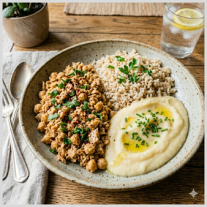 Atum Veggie com Arroz Integral e Purê de Mandioquinha