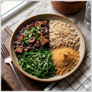 Feijoada Veggie com Arroz Integral, Farofa e Couve
