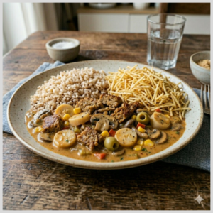 Strogonoff Veggie com Arroz Integral e Batata Palha