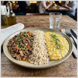 Carne Moída com Arroz Integral e Creme de Milho