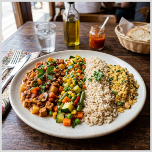 Picadinho Veggie à Jardineira, Arroz Integral e Farofa